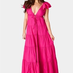 NWT Buddy Love Hot Pink Tiered Maxi Dress with Tie Front